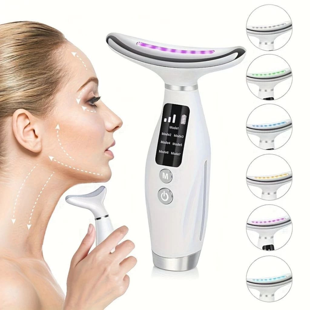 Aparelho de LED Facial e Pescoço 7 Cores Terapia de Luz para Rugas, Levantamento Facial Massagem Vibratória 3 Velocidade